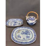2 damaged antique Chinese plates along with a blue and white teapot