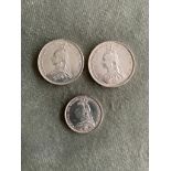 3 x 1887 Jubilee Head silver shillings in very good condition. 2 are 22mm across and 5.67 grams each