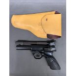 Vintage air pistol - Webley (?), 0.22'' bore, shaped bakerlite butt grip and in leather protective