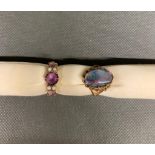 2 x antique rings a doublet Opal set in 9ct gold together with Amethyst set with pearls . Total