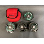 Vintage Airlfo 3 3/34 all metal fly reel in protective case. Comes with 3 spare spools all with