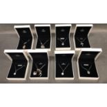 9 silver Warren James necklaces with pendants and lockets (2 in 1 box) in presentation boxes