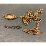 A broken 9 ct gold chain, watch case and 2 broaches 13 grams