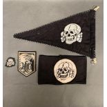 SS Deaths head arm band car pennant and 2 x badges