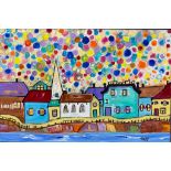 A naive coastal townscape oil on canvas by the artist TRIPP. 92cm x 62cm