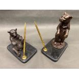 2 bronze bears ben holders with granite plinths