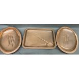 3 rare early copper food warming pans, the large oblong plate is 50cm x 35cm
