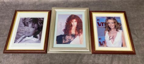 Three signed framed photos Cher, Kylie Minogue and Tina Turner