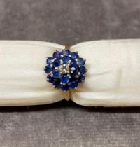 An 18 carat gold ladies cluster ring set with sapphires and diamond size N, 5.2 grams