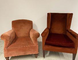 2 wing chairs upholstered with red velvet