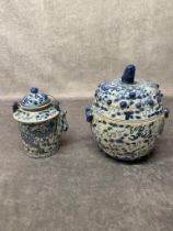 2 antique blue and white Chinese pots both with 5 clawed dragon motifs.