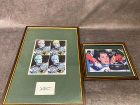 Two framed autographs of Jacques Villeneuve , one on a photograph and one on piece of paper with