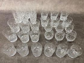 5 complete sets of 6 Waterford & other crystal glasses, whiskey tumblers, brandy glasses and beakers