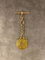 A George ll Two Guinea coin dated 1738 on a 9 carat rose gold watch chain . The coin and mount weigh