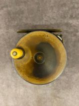 An early 1900’s brass faced 3 1/2 inch Hardy perfect wide drum salmon reel with ivorine handle