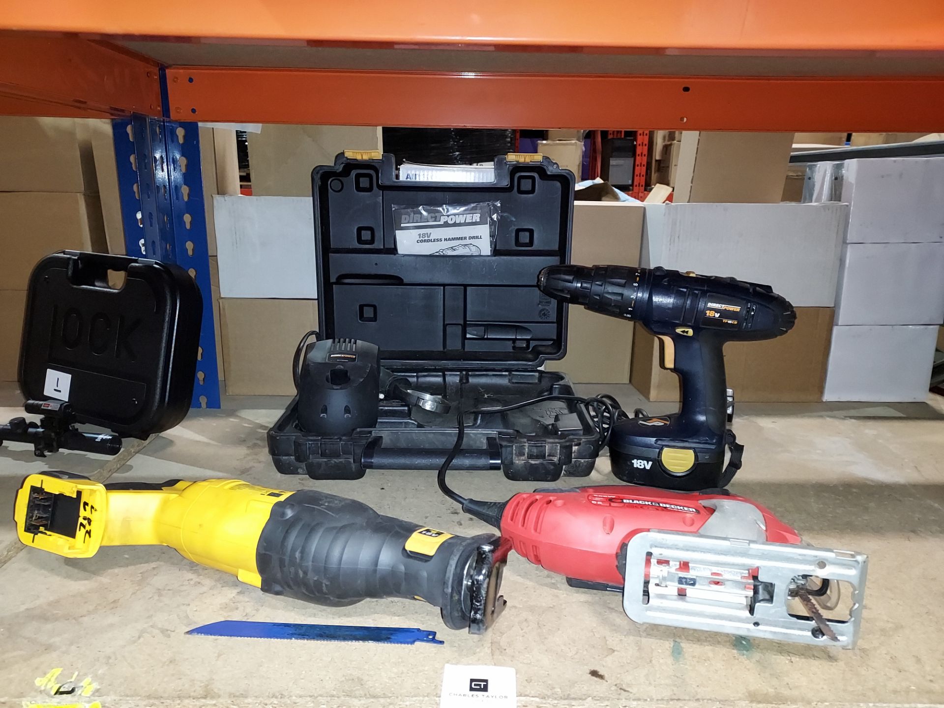 3 PIECE MIXED LOT TO INCLUDE DEWALT RIPSAW, BLACK & DECKER JIGSAW AND DIRECT POWER CORDLESS DRILL