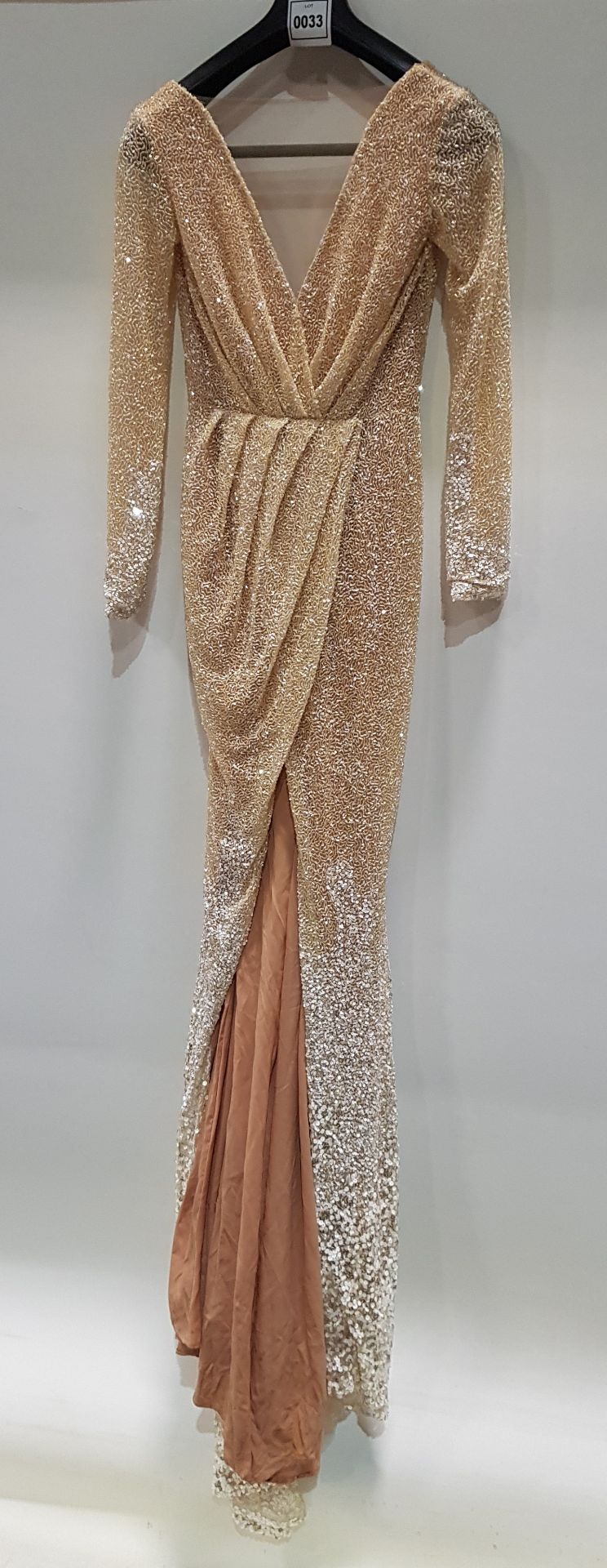 GOLD & CREAM COLOURED TRAILING GOWN (1.5M FROM WAIST TO END OF THE TRAIL) - FULL LENGTH SEQUIN