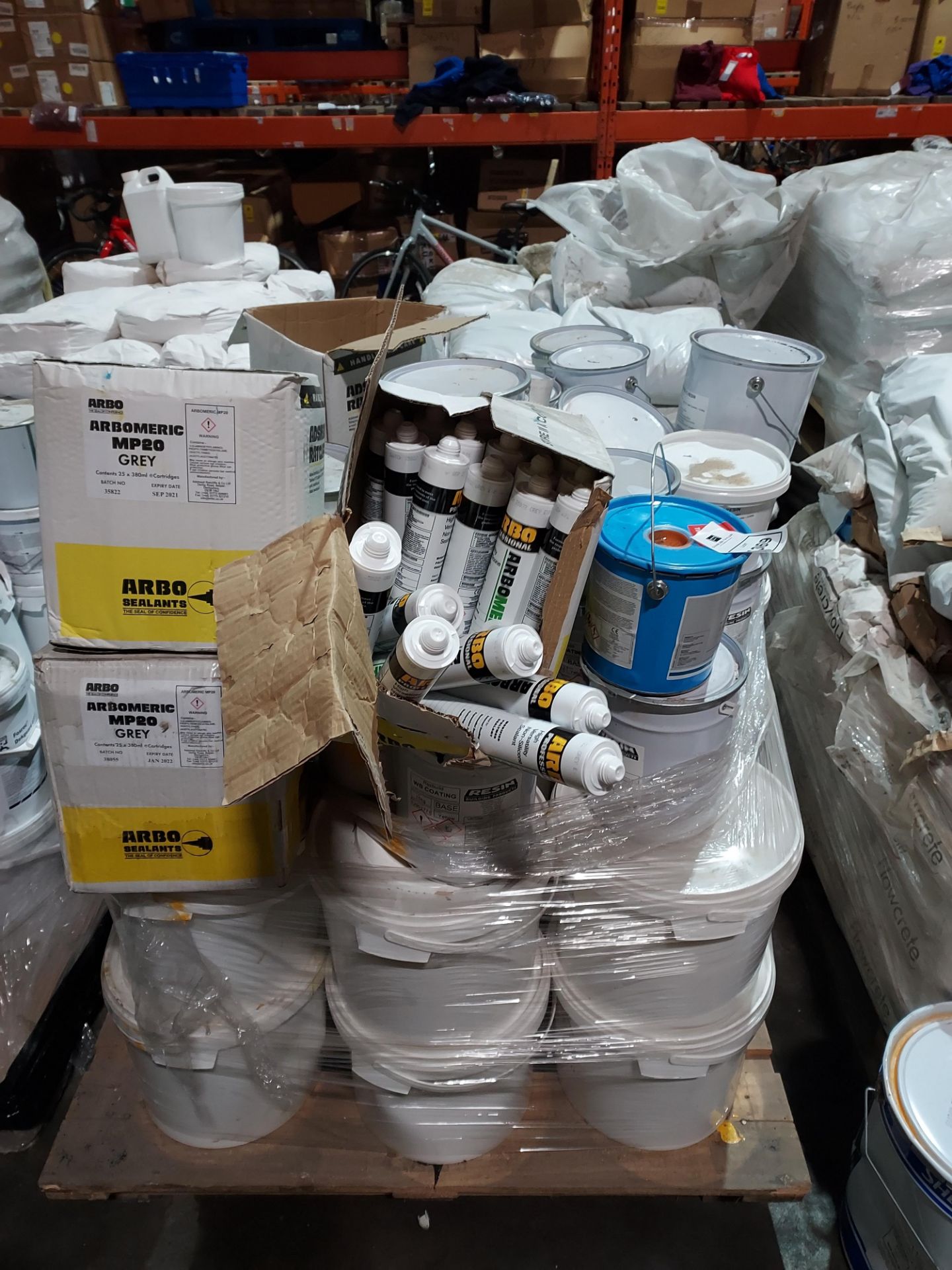 FULL PALLET OF 60 X MIXED PAINTS,RESIN AND HIGH VERSATILITY NON SILICONE SEALANT IE TIKKURILA,