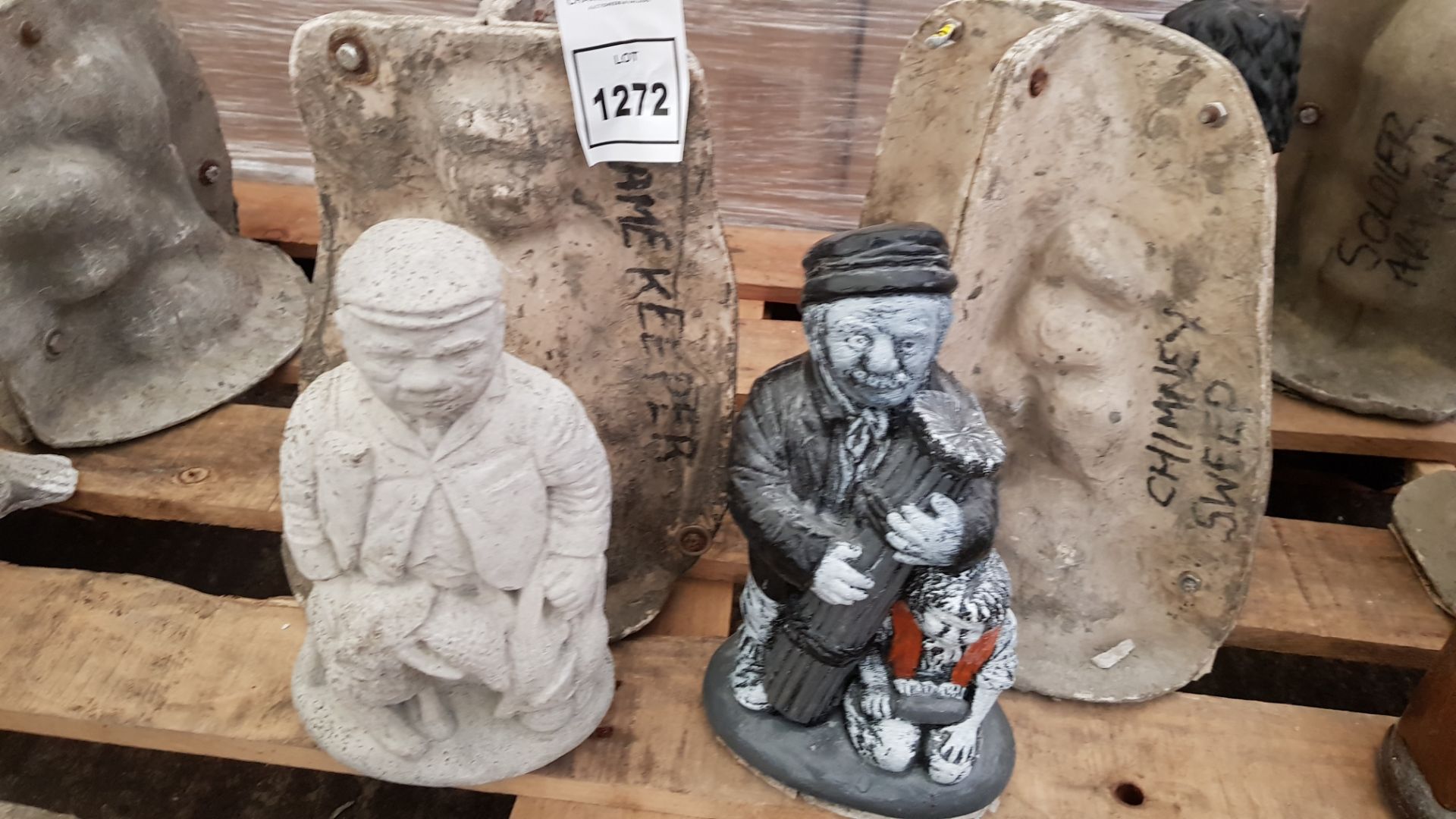 2 X GARDEN ORNAMENTS I.E GAME KEEPER AND CHIMNEY SWEEPER WITH FIBRE GLASS MOULDS AND LATEX SLIPS (