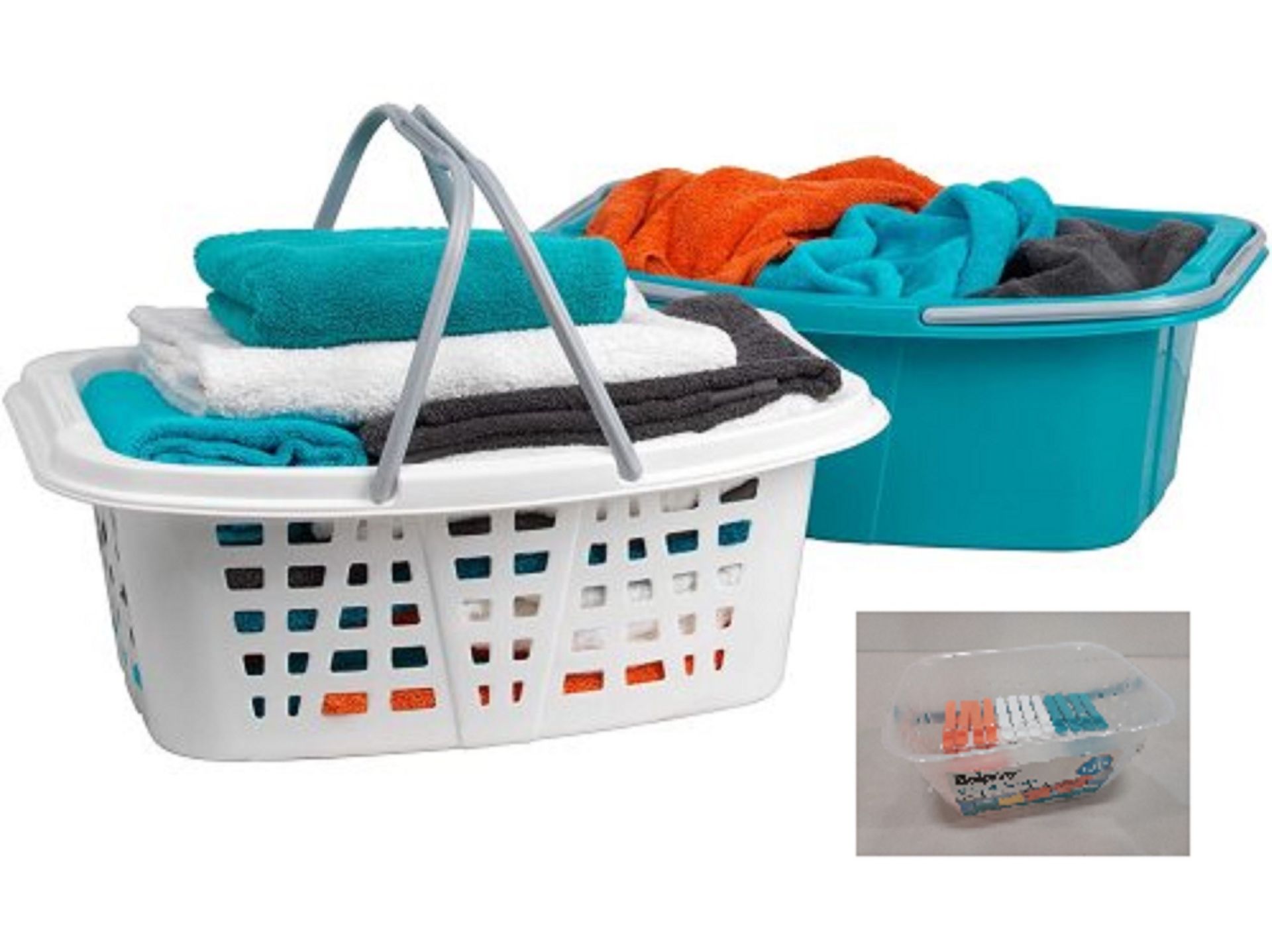 12 X BRAND NEW BELDRAY TURQUOISE / WHITE SETS OF 2 LAUNDRY BASKETS (51 X35 X 20 CM DEEP) PLUS 48