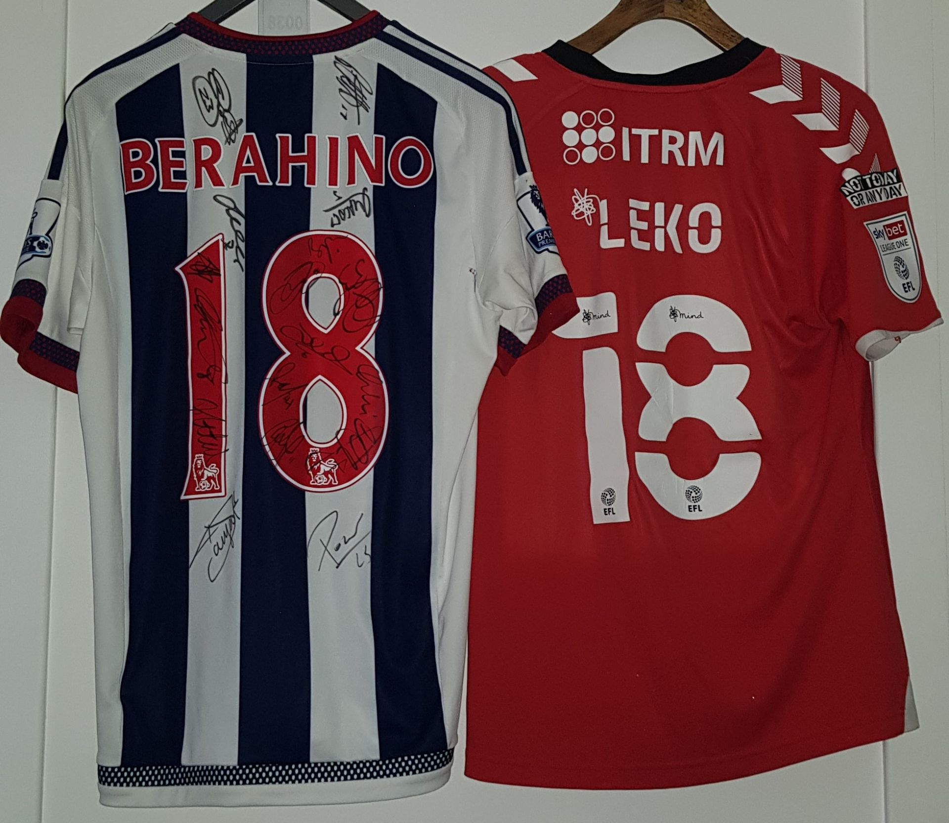 2 X SHORT SLEEVED FOOTBALL TOPS SIZE M IE. WEST BROMWICH ALBION - BERAHINO 18 & 17 UNKONWN - Image 2 of 7