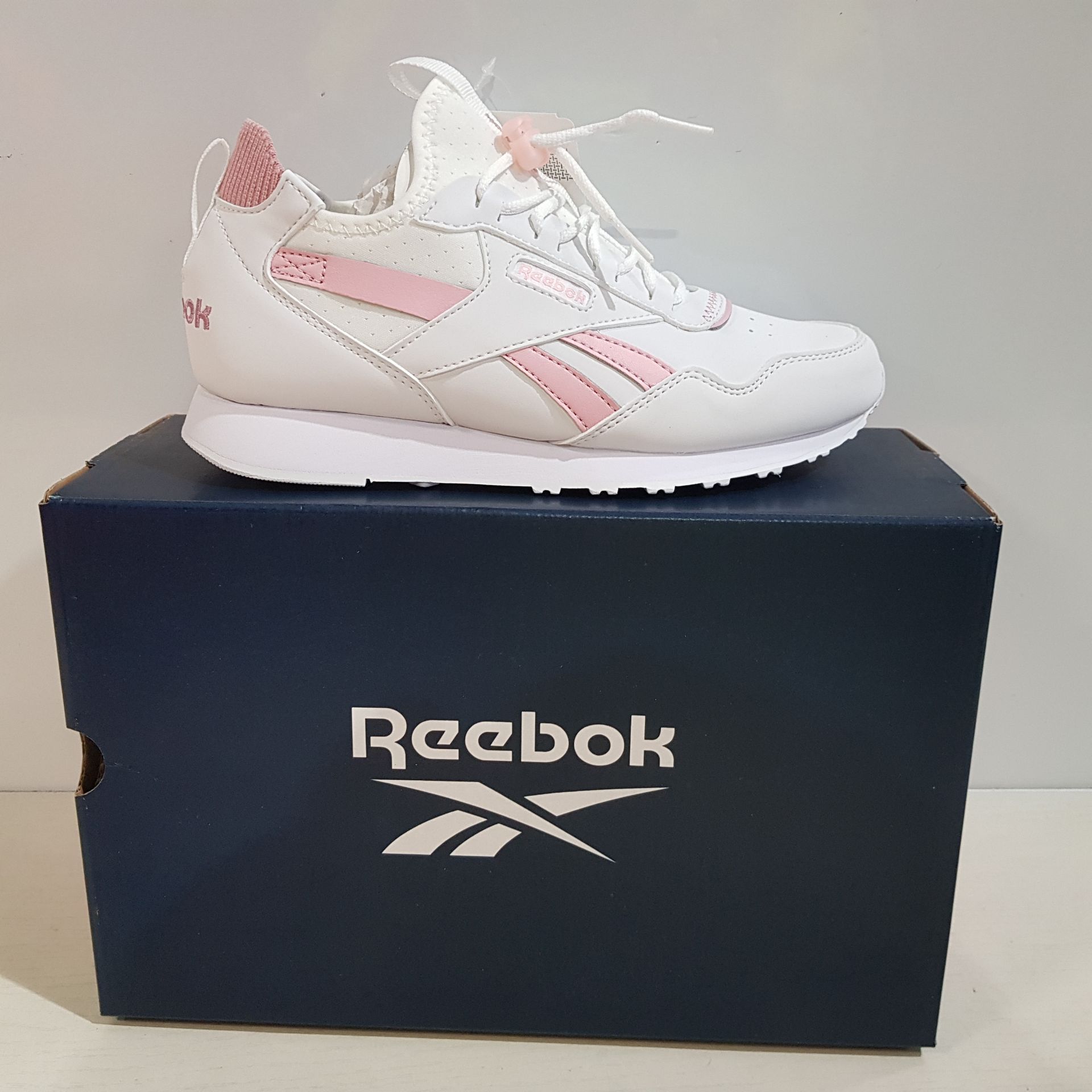12 X BRAND NEW & BOXED REEBOK ROYAL GLIDE AC RUNNING SHOES IN PINK AND WHITE - ALL IN SIZE UK 3 &