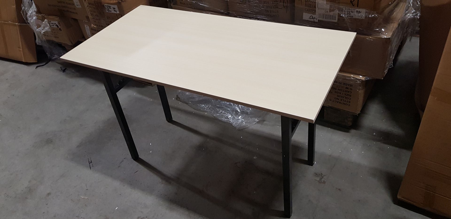 9 X BOXED PINKY OAK COLOURED TABLE 120 x 60CM (NOTE: THESE ARE FACTORY SECONDS - SOME ITEMS HAVE