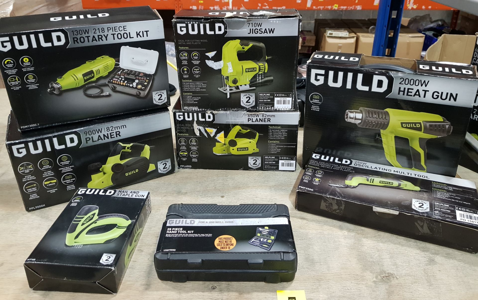 8 PIECE BRAND NEW MIXED GUILD TOOL LOT CONTAINING 1 X 130W 218 PIECE ROTARY TOOL KIT, 1 X 900W