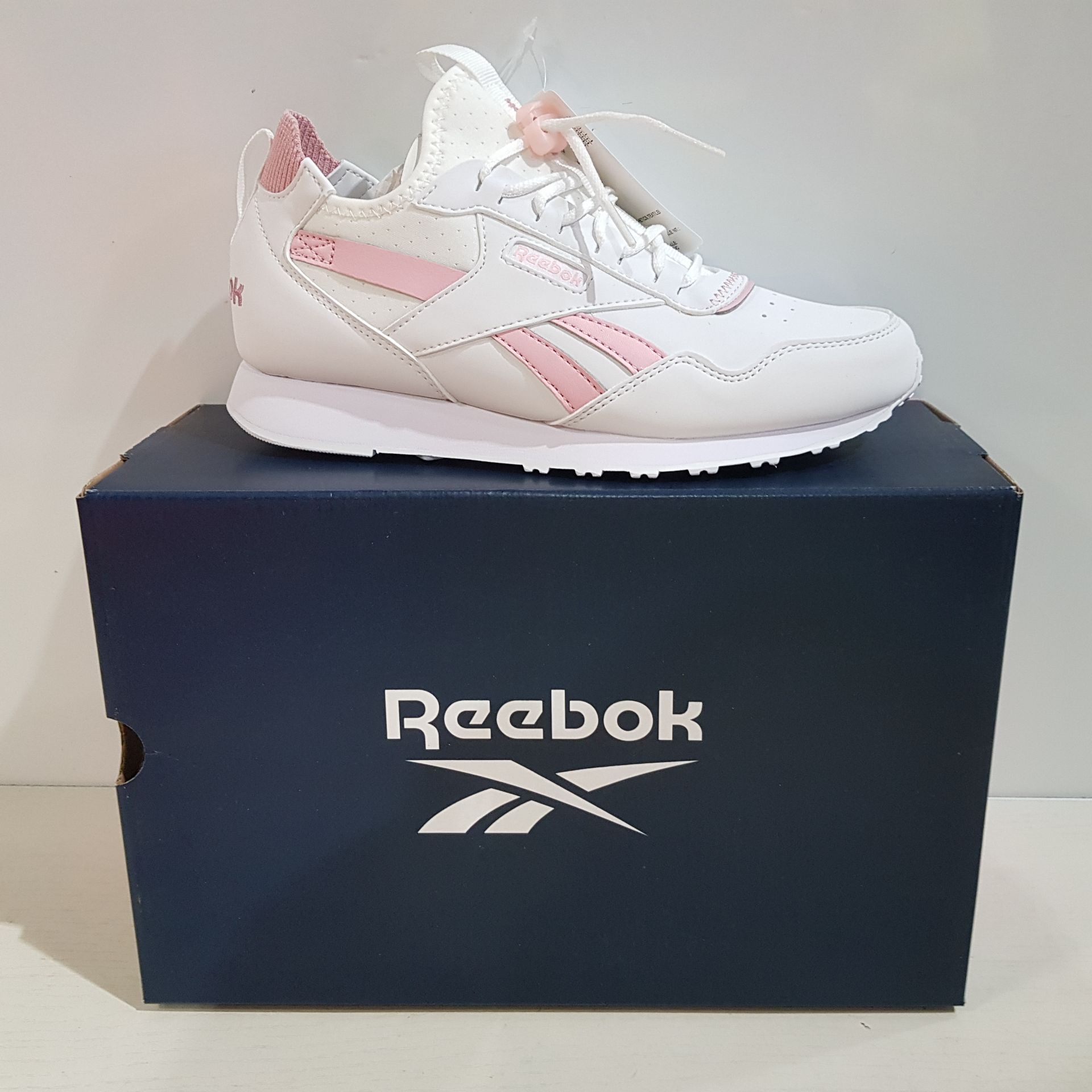 12 X BRAND NEW & BOXED REEBOK ROYAL GLIDE AC RUNNING SHOES IN PINK AND WHITE - ALL IN SIZE UK 3 &