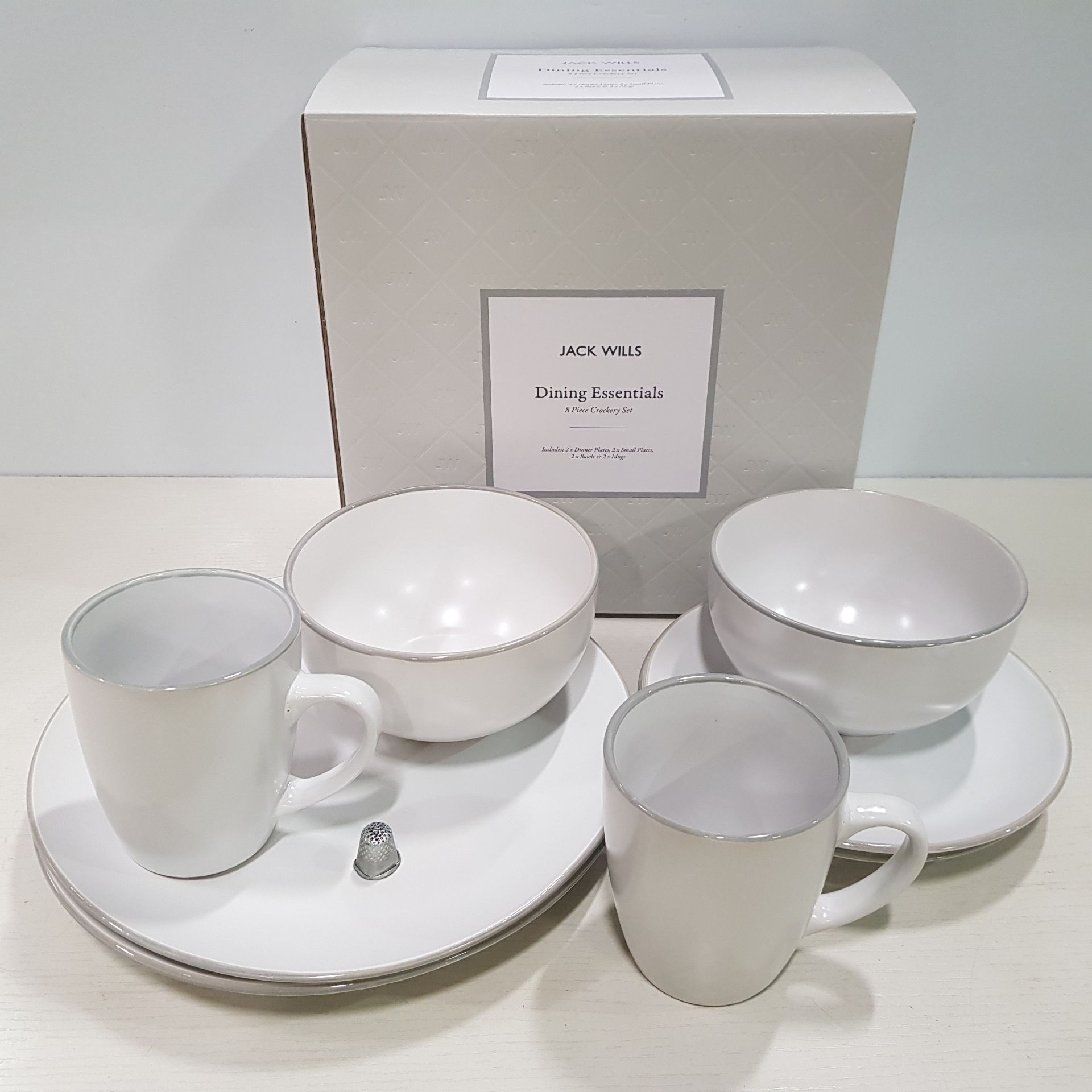 10 X BRAND NEW JACK WILLS BOXED DINING ESSENTIALS 8 PIECE CROCKERY SET TO INCLUDE 2X DINNER PLATES 2