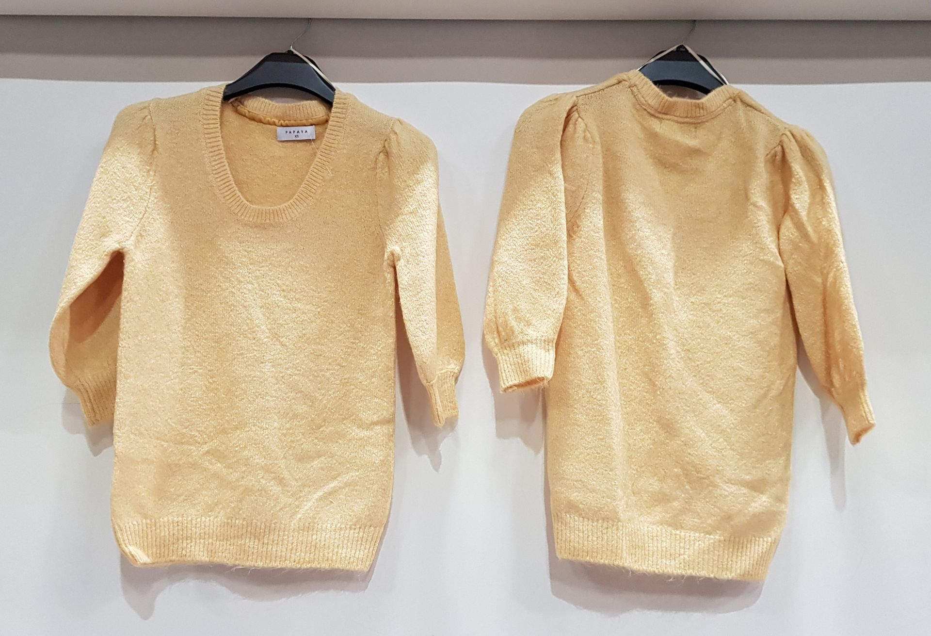 60 X BRAND NEW PAPAYA KNITTED CREW NECK SWEATERS - ALL IN YELLOW - IN VARIOUS SIZES - PICK LOOSE