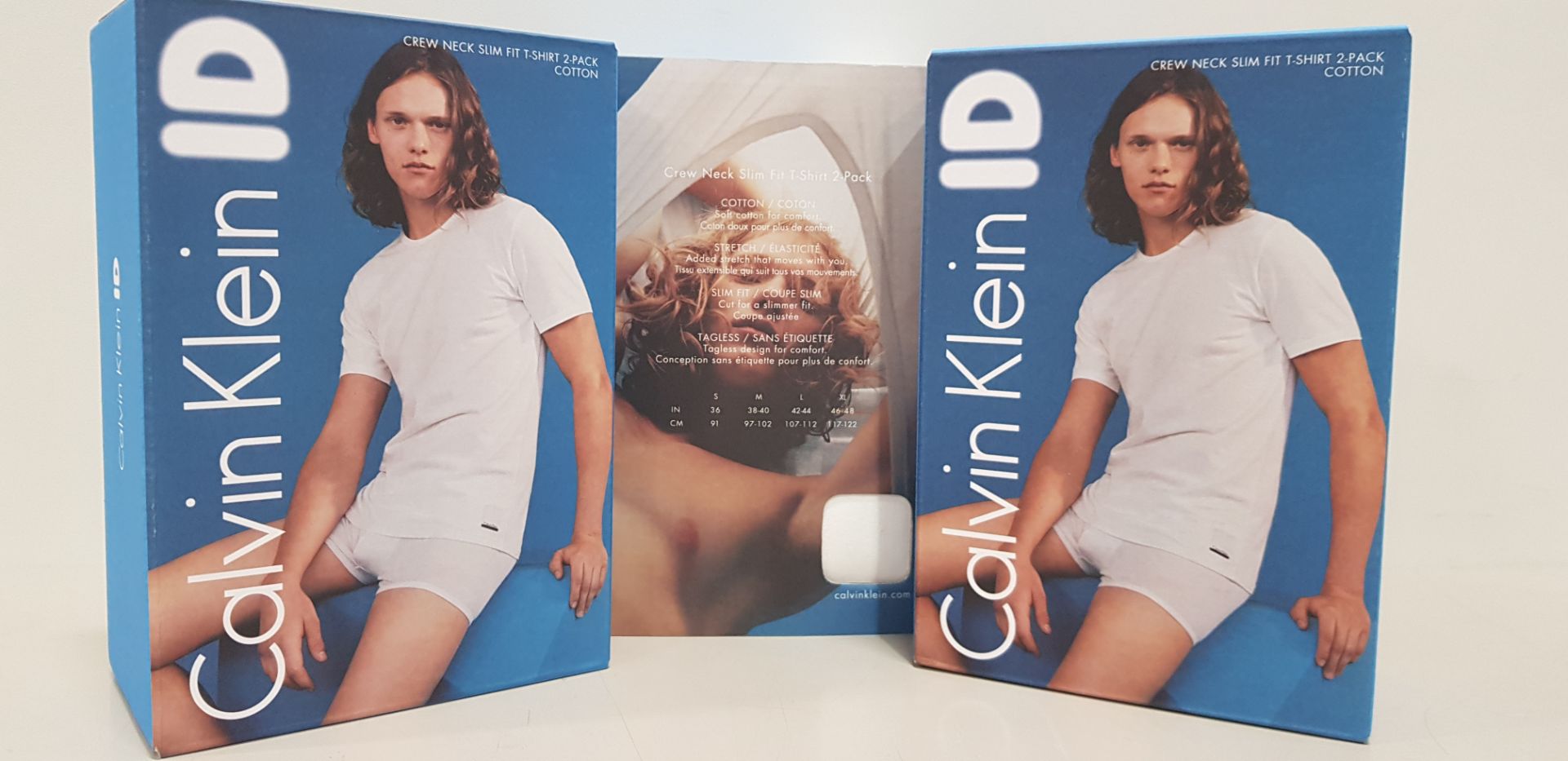 18 X BRAND NEW CALVIN KLEIN ID - PACK OF 2 WHITE CREW NECK SLIM FIT T-SHIRTS (COTTON) - ALL SIZE