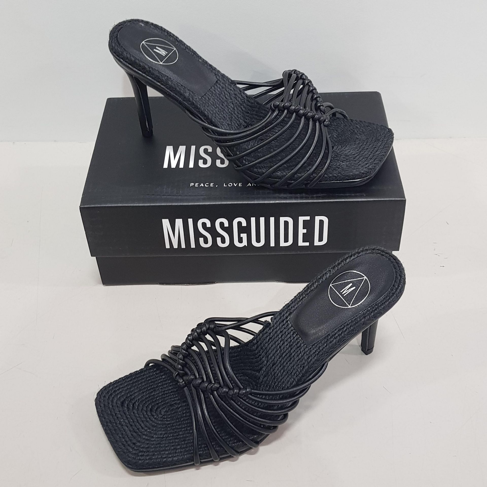 16 X BRAND NEW BOXED MISSGUIDED ROPE SOLE KNOTTED HEELED SANDALS - ALL IN BLACK - ALL IN ( SIZE UK 4