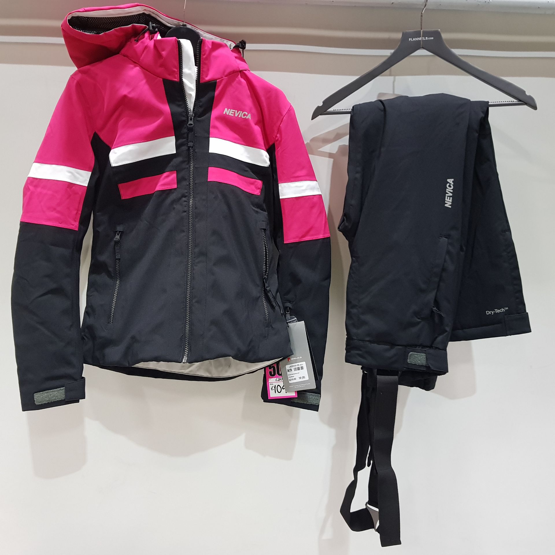 1 X BRAND NEW NEVICA MERIBEL SKI SET (JACKET AND PANTS) IN PINK AND BLACK, SIZE SMALL (10) RRP £