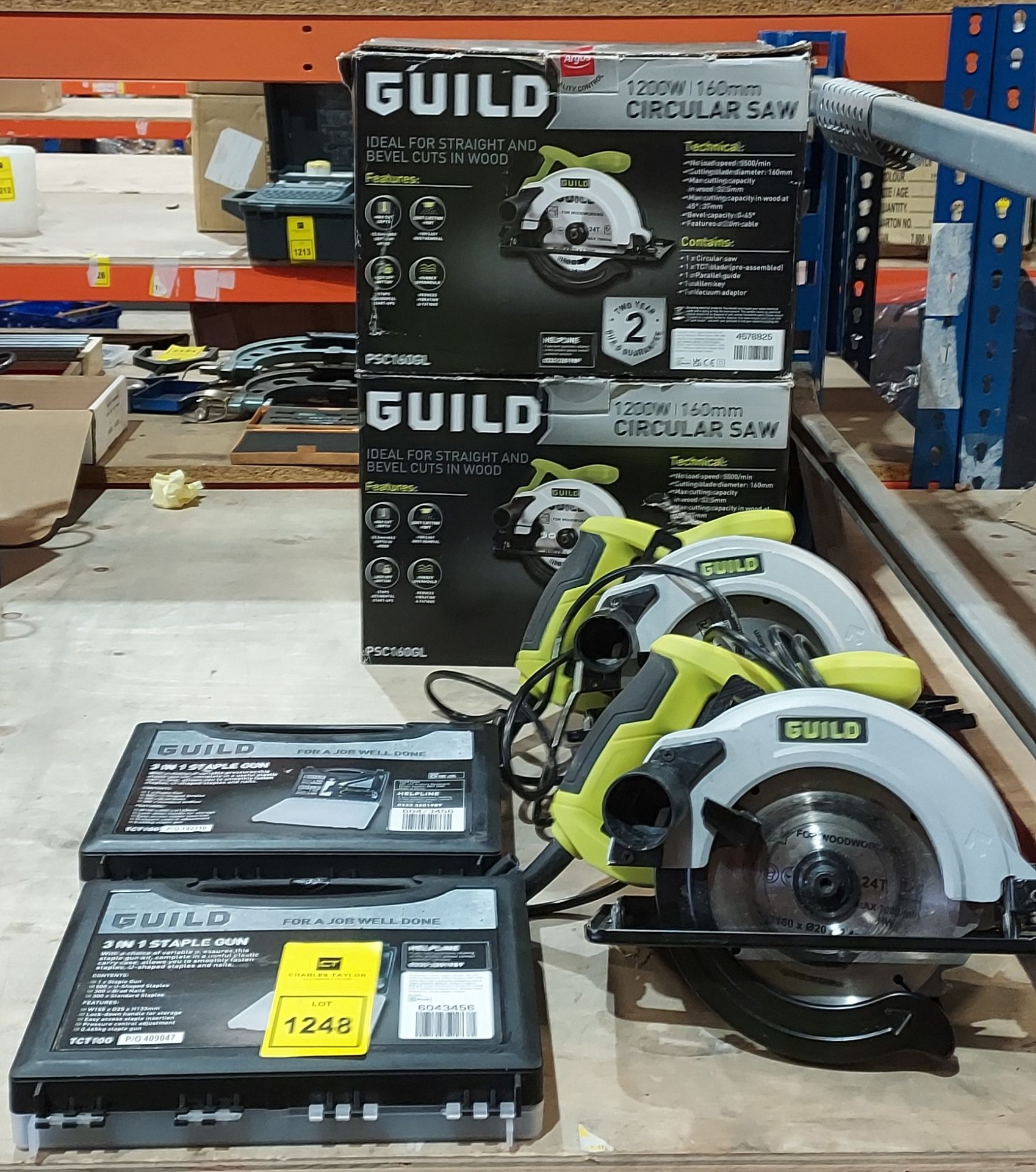 4 PIECE TOOL LOT TO INCLUDE 2 X GUILD 1200 W CIRCULAR SAWS -160MM BLADE (PSC160GL) AND 2 X GUILD 3