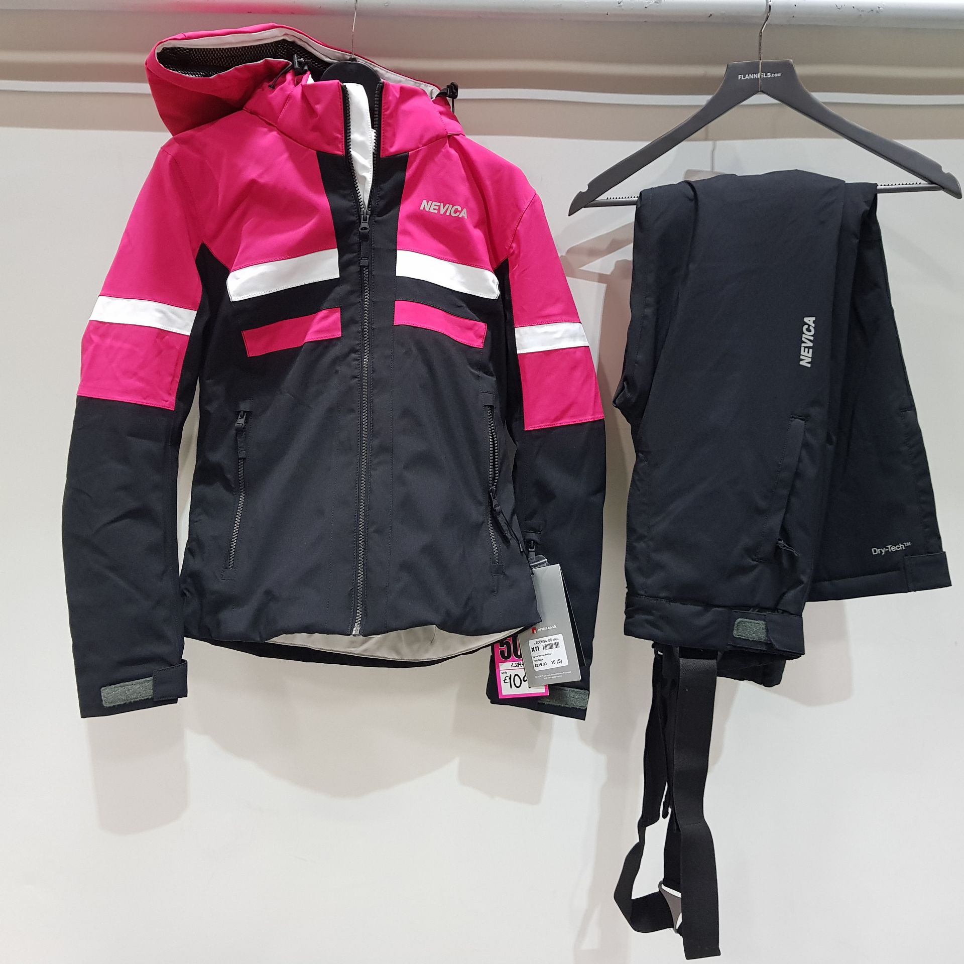 1 X BRAND NEW NEVICA MERIBEL SKI SET (JACKET AND PANTS) IN PINK AND BLACK, SIZE SMALL (10) RRP £