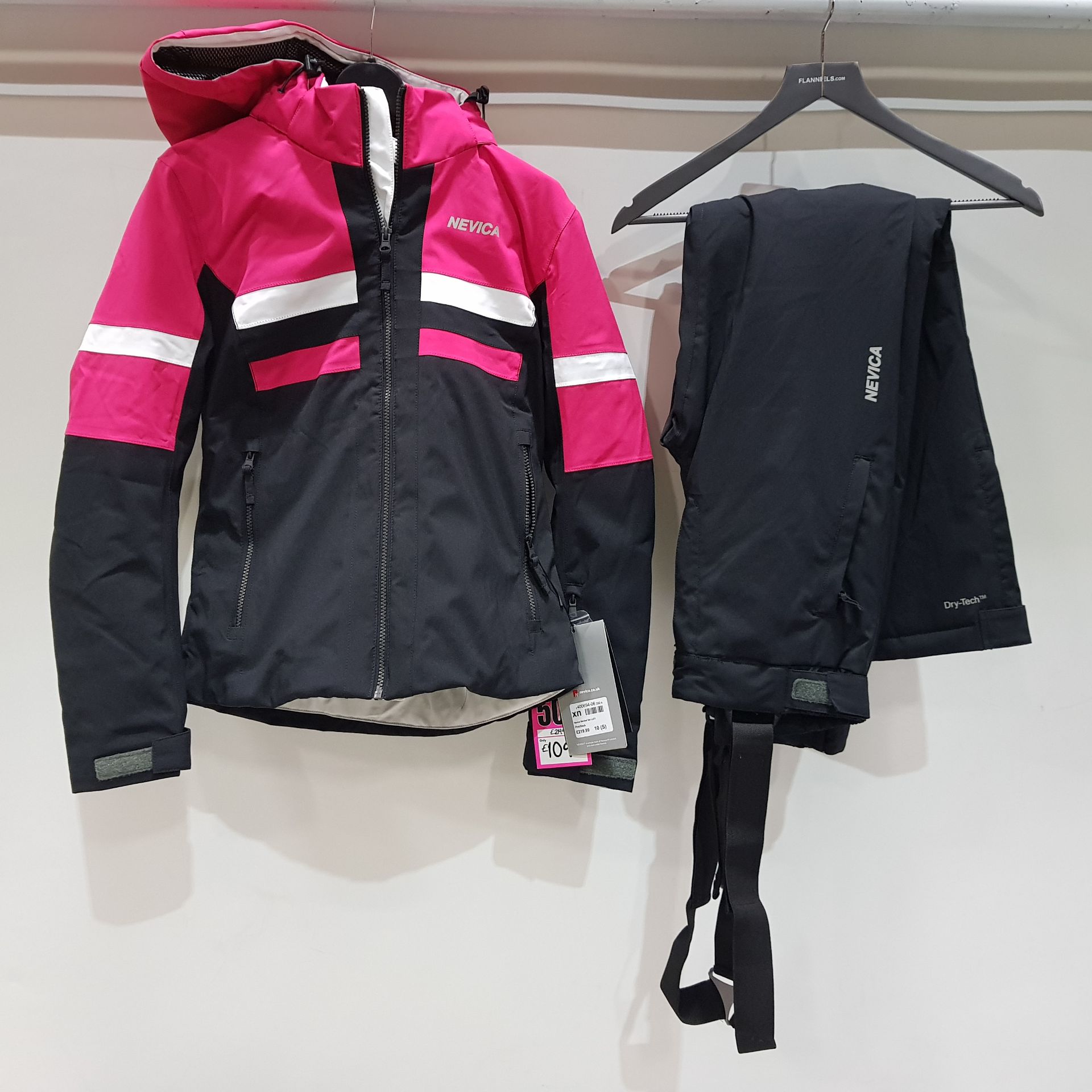 1 X BRAND NEW NEVICA MERIBEL SKI SET (JACKET AND PANTS) IN PINK AND BLACK, SIZE SMALL (10) RRP £