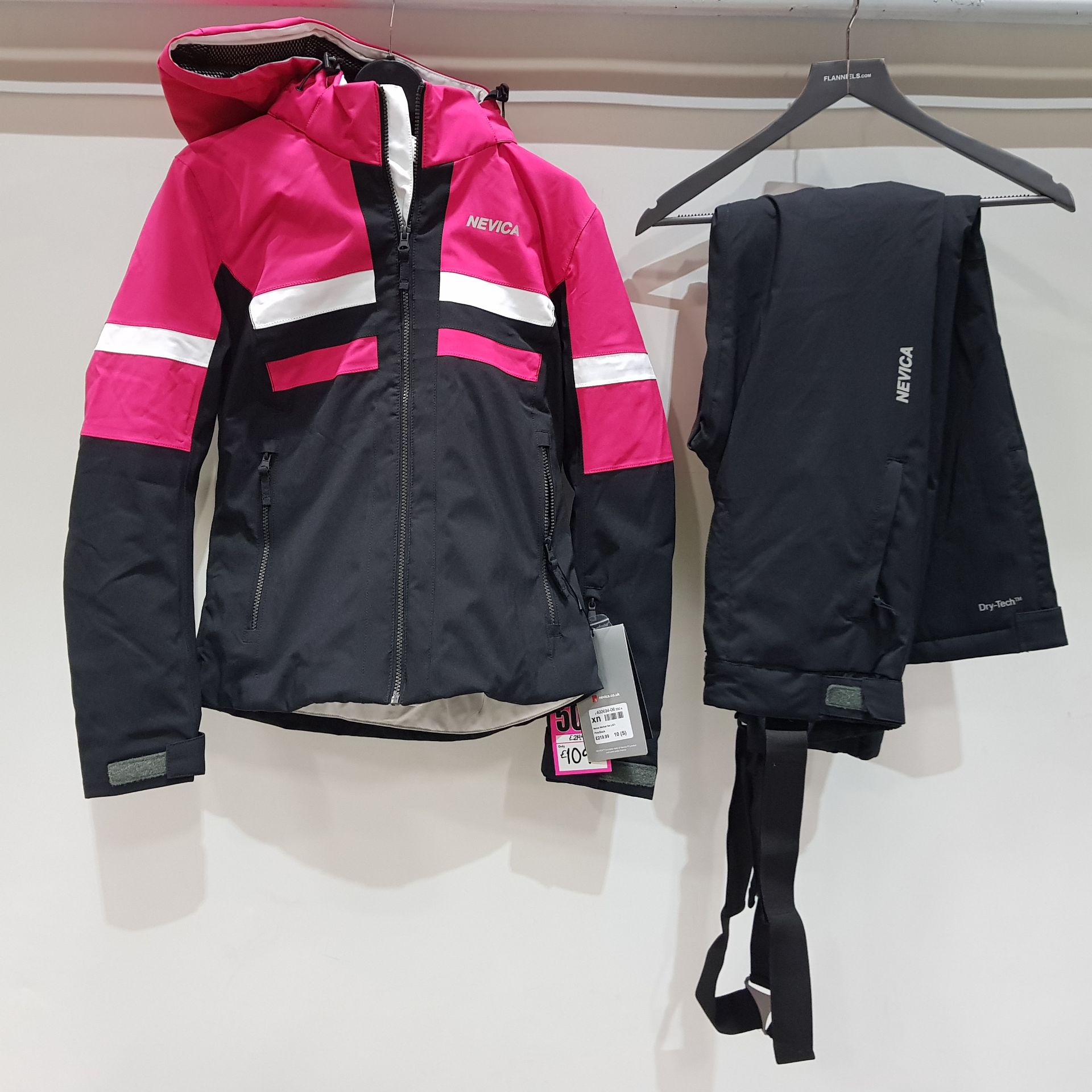 1 X BRAND NEW NEVICA MERIBEL SKI SET (JACKET AND PANTS) IN PINK AND BLACK, SIZE SMALL (10) RRP £