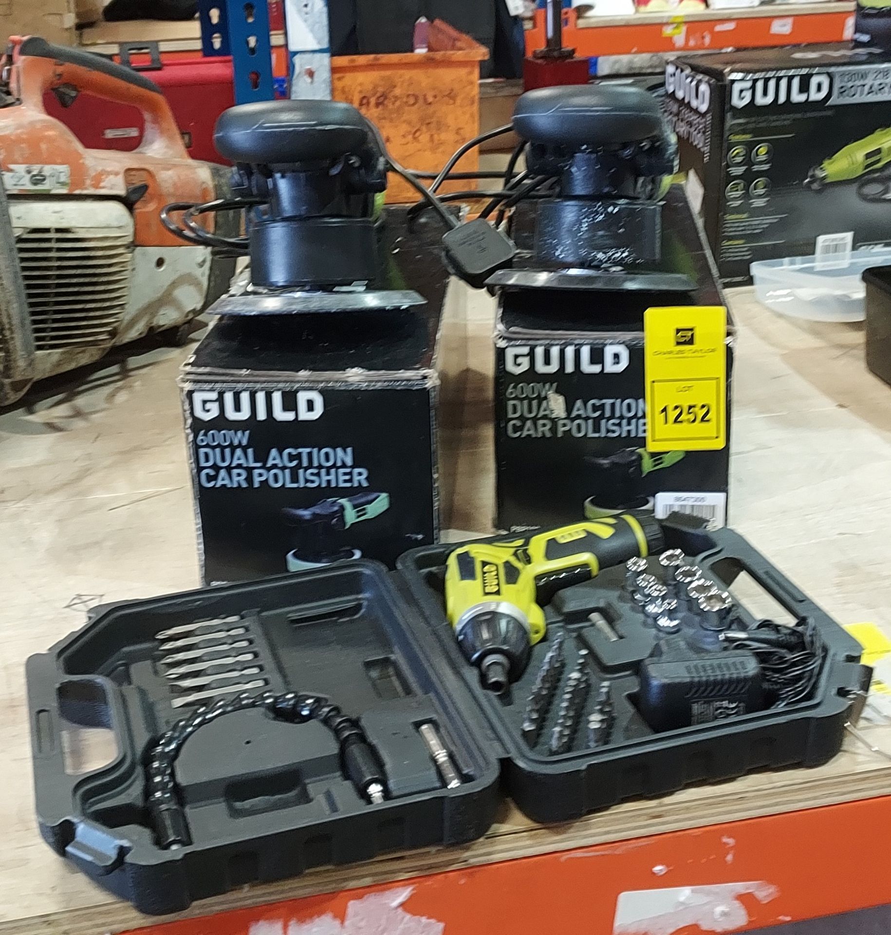 3 PIECE TOOL LOT TO INCLUDE 2 X GUILD 600 W DUAL ACTION CAR POLISHERS AND 1 X GUILD 3.6V
