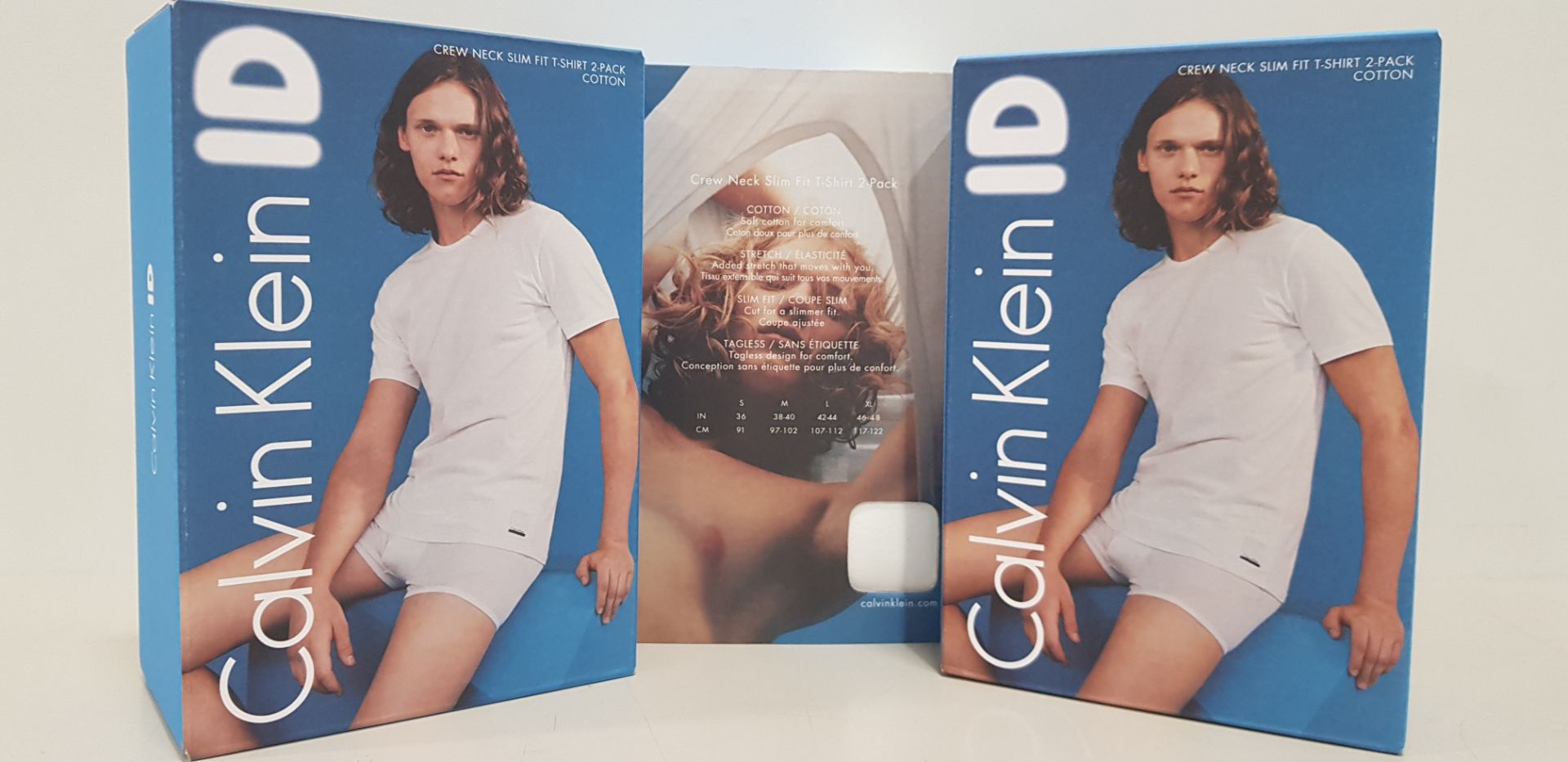 18 X BRAND NEW CALVIN KLEIN ID - PACK OF 2 WHITE CREW NECK SLIM FIT T-SHIRTS (COTTON) - ALL SIZE