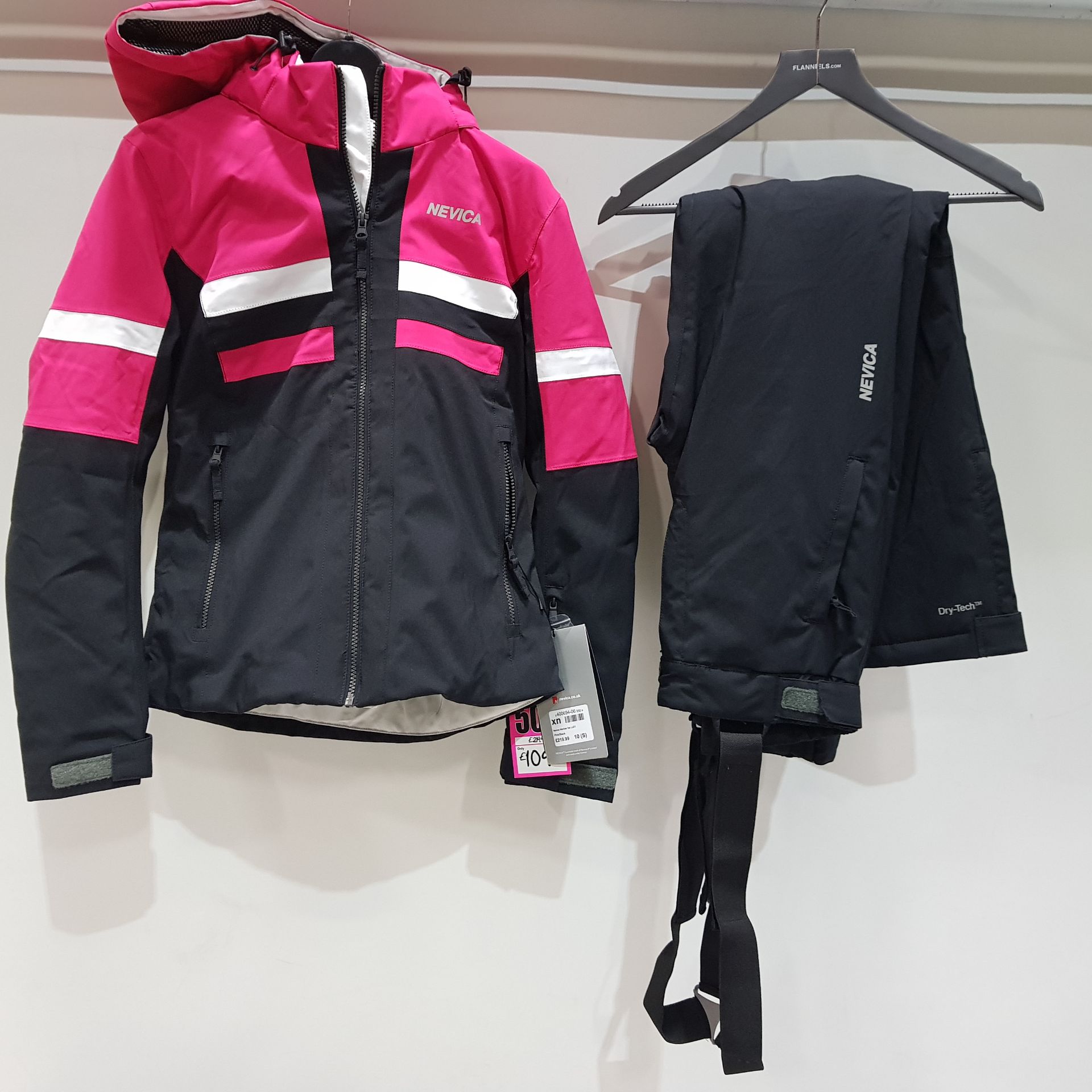 1 X BRAND NEW NEVICA MERIBEL SKI SET (JACKET AND PANTS) IN PINK AND BLACK, SIZE SMALL (10) RRP £