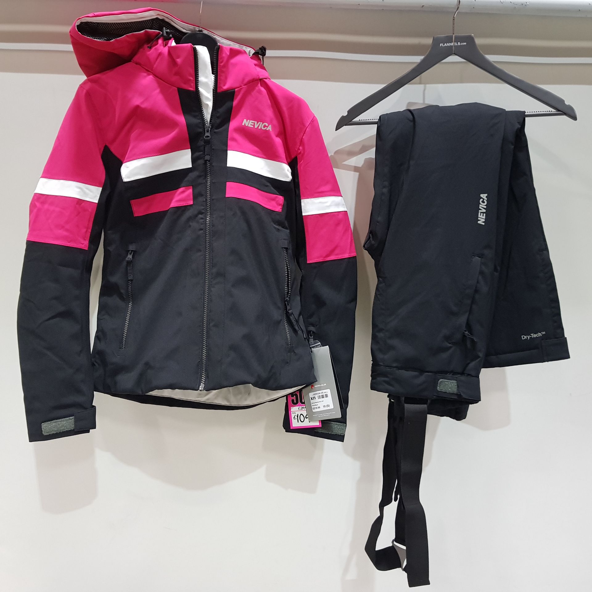 1 X BRAND NEW NEVICA MERIBEL SKI SET (JACKET AND PANTS) IN PINK AND BLACK, SIZE SMALL (10) RRP £