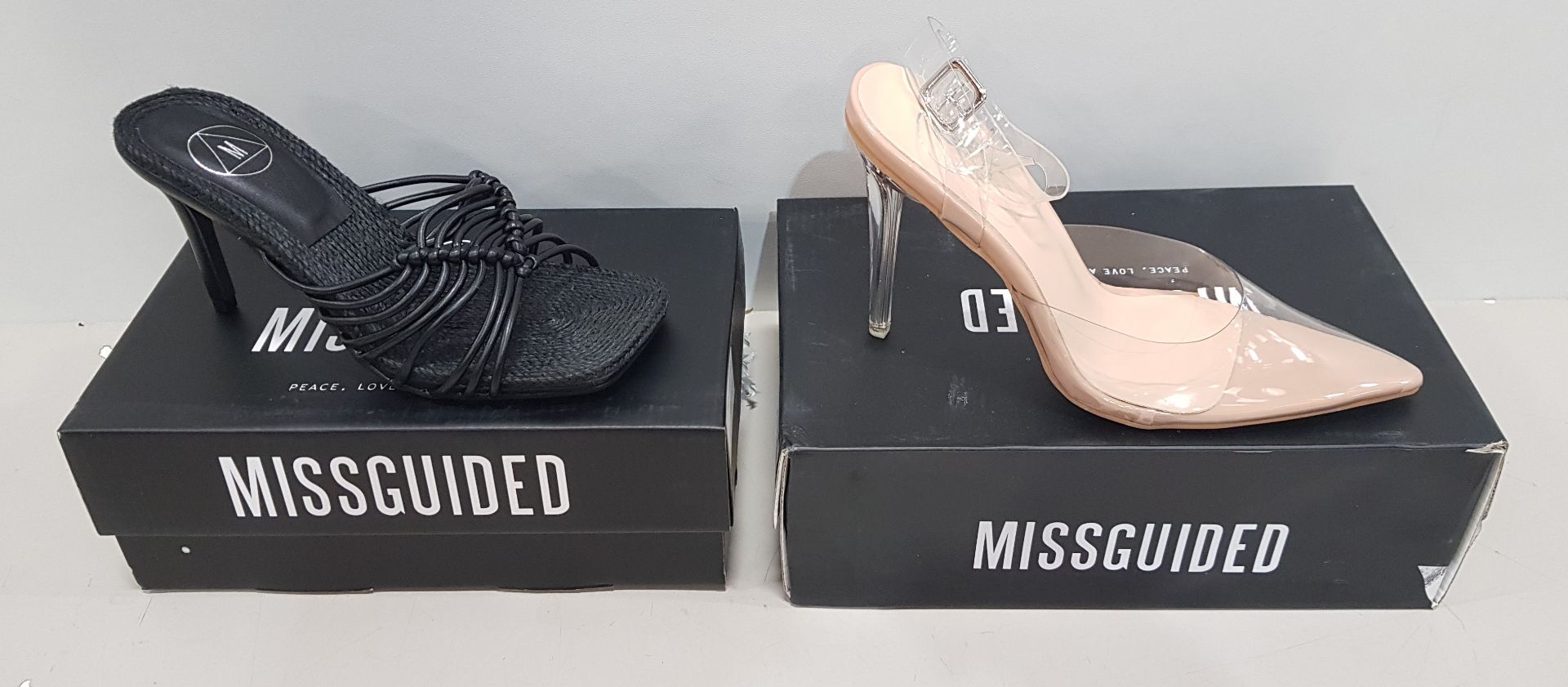 13 X BRAND NEW BOXED MIXED MISSGUIDED SHOE LOT CONTAINING 7 X ROPE SOLE KNITTED HEELED SANDALS - ALL