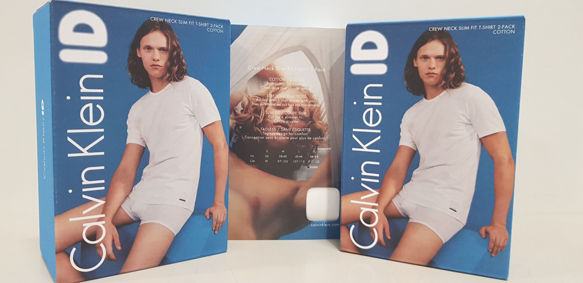 18 X BRAND NEW CALVIN KLEIN ID - PACK OF 2 WHITE CREW NECK SLIM FIT T-SHIRTS (COTTON) - ALL SIZE