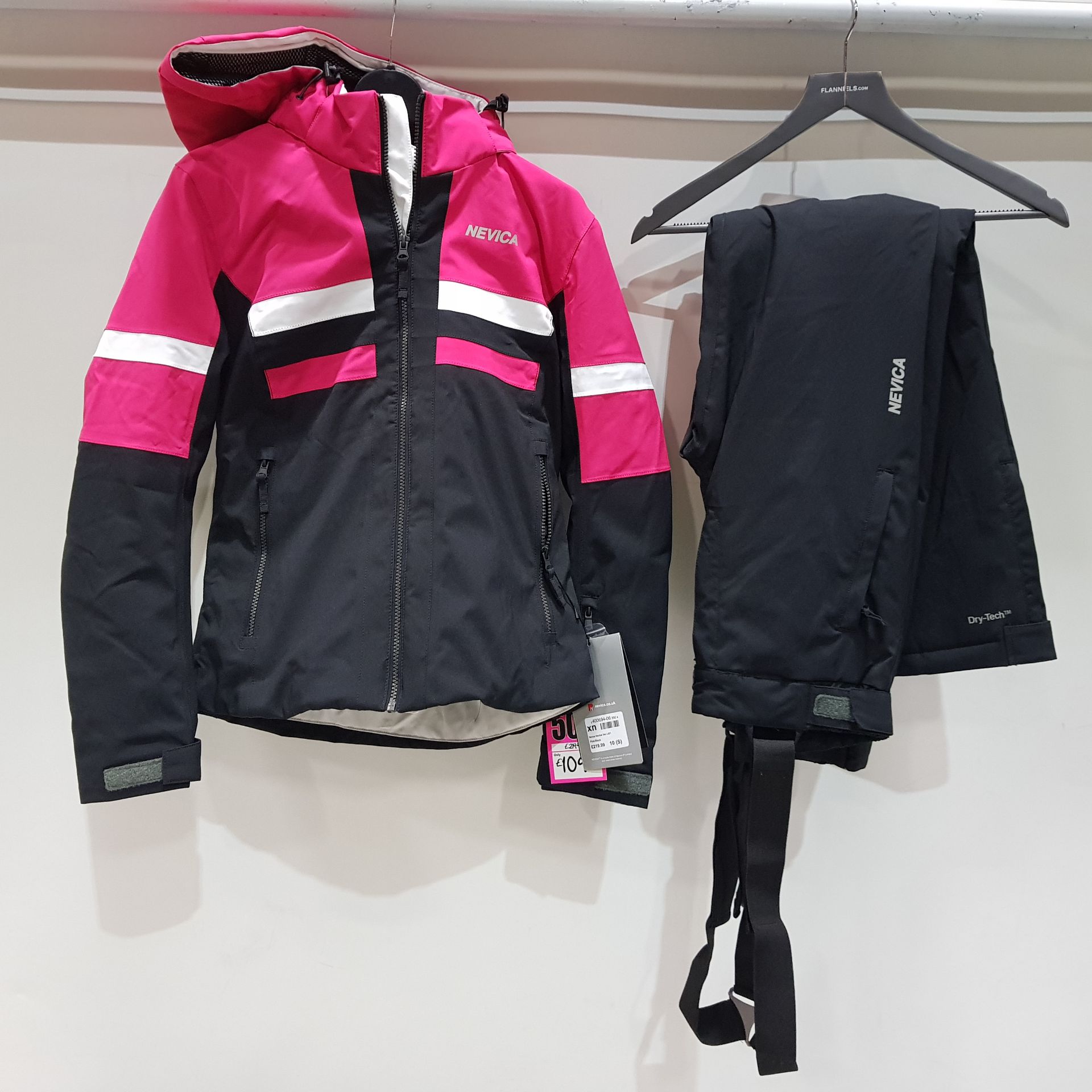 1 X BRAND NEW NEVICA MERIBEL SKI SET (JACKET AND PANTS) IN PINK AND BLACK, SIZE SMALL (10) RRP £