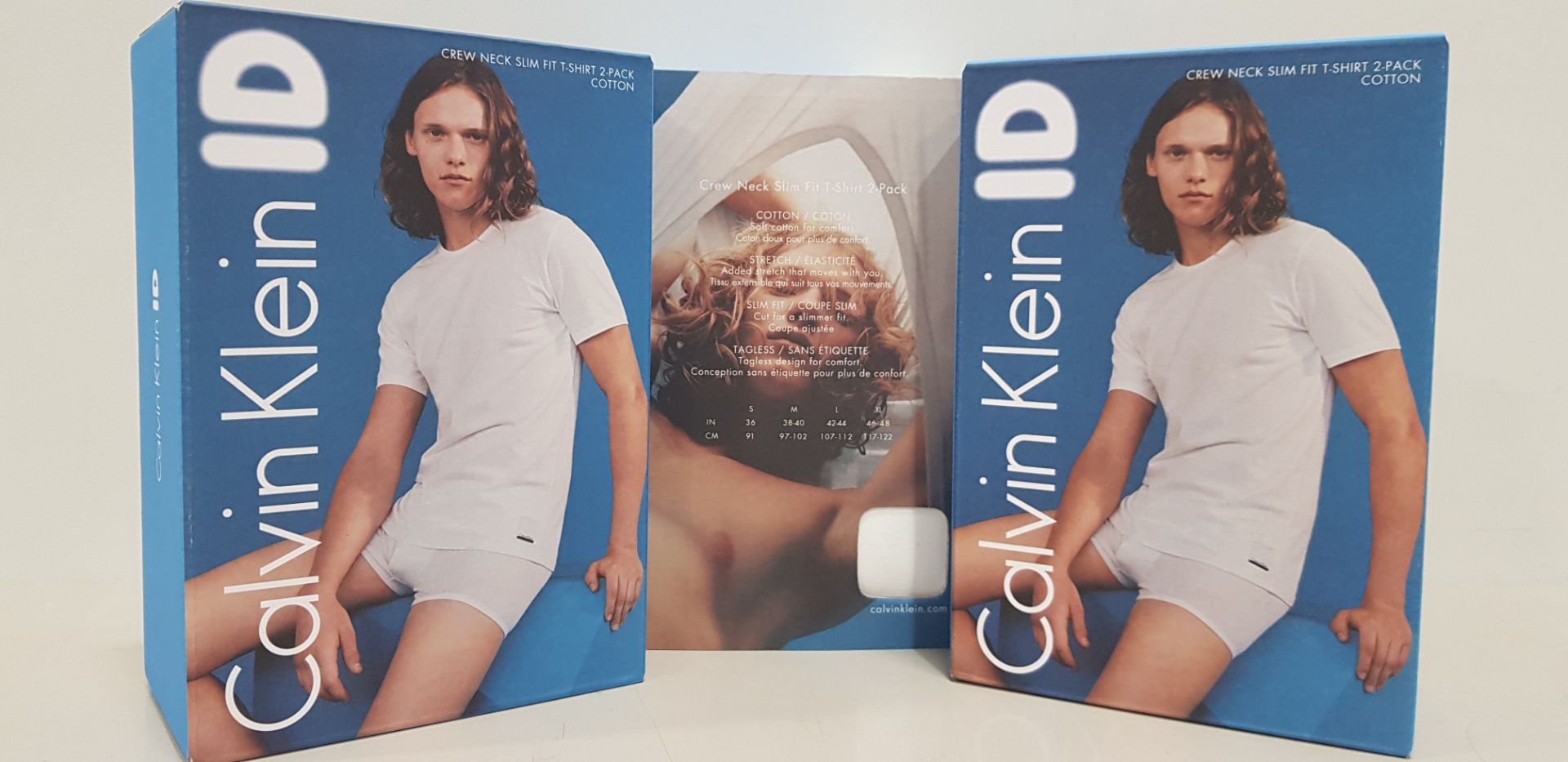 18 X BRAND NEW CALVIN KLEIN ID - PACK OF 2 WHITE CREW NECK SLIM FIT T-SHIRTS (COTTON) - ALL SIZE