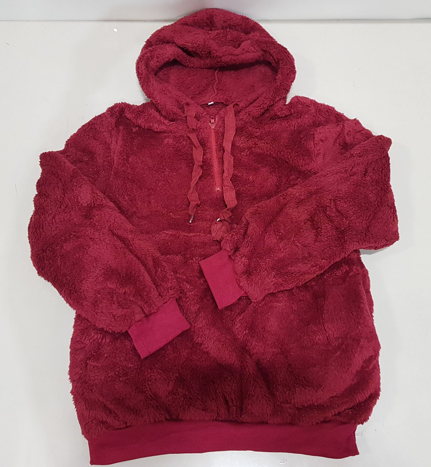 20 X BRAND NEW BWIV WOMANS BAGGY FLUFFY QUARTER ZIP FLEECES - ALL IN DARK RED - ALL IN SIZE UK M -