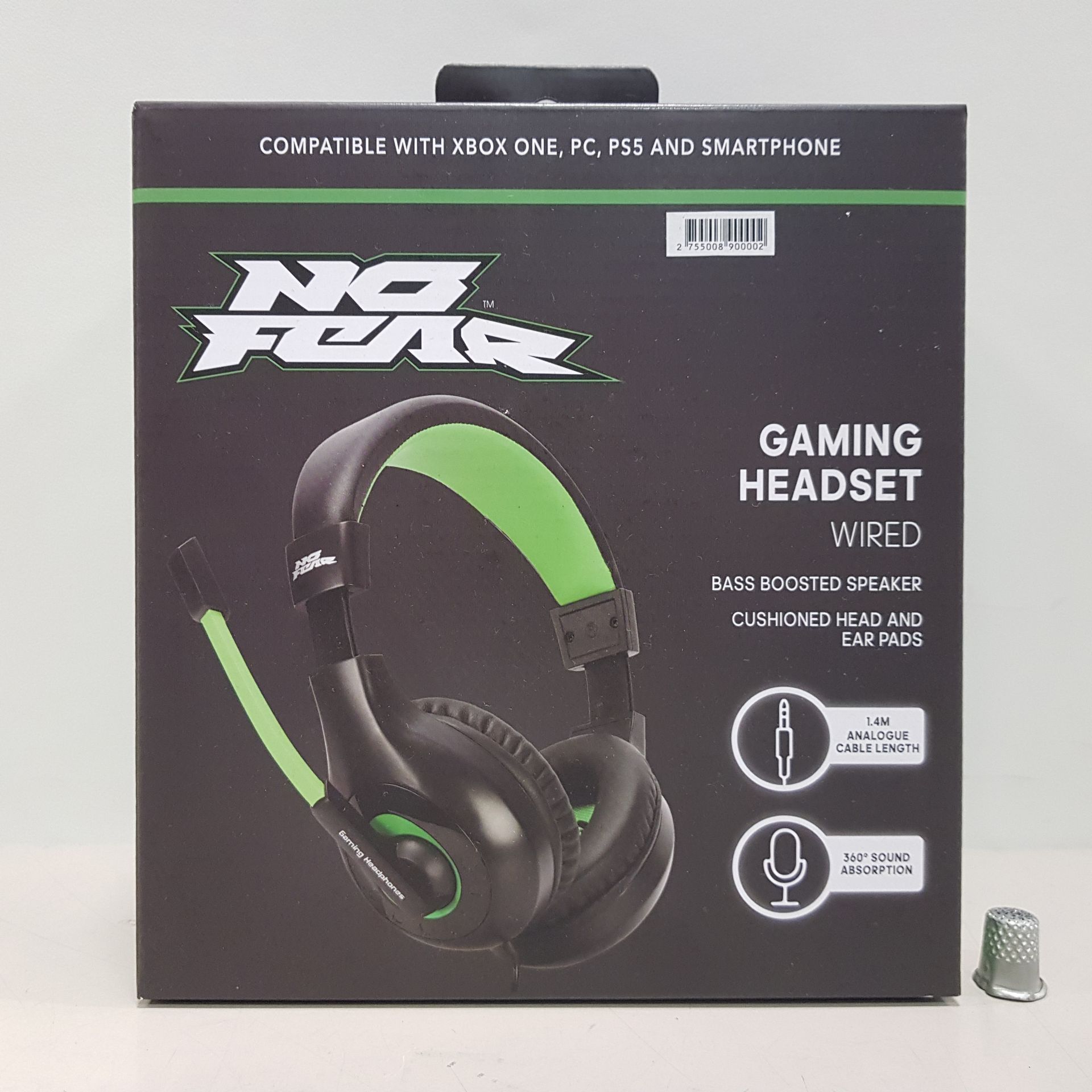 32 X BRAND NEW GREEN / BLACK NO FEAR CUSHIONED BASS BOOSTED GAMING HEADPHONES WITH MIC - (360