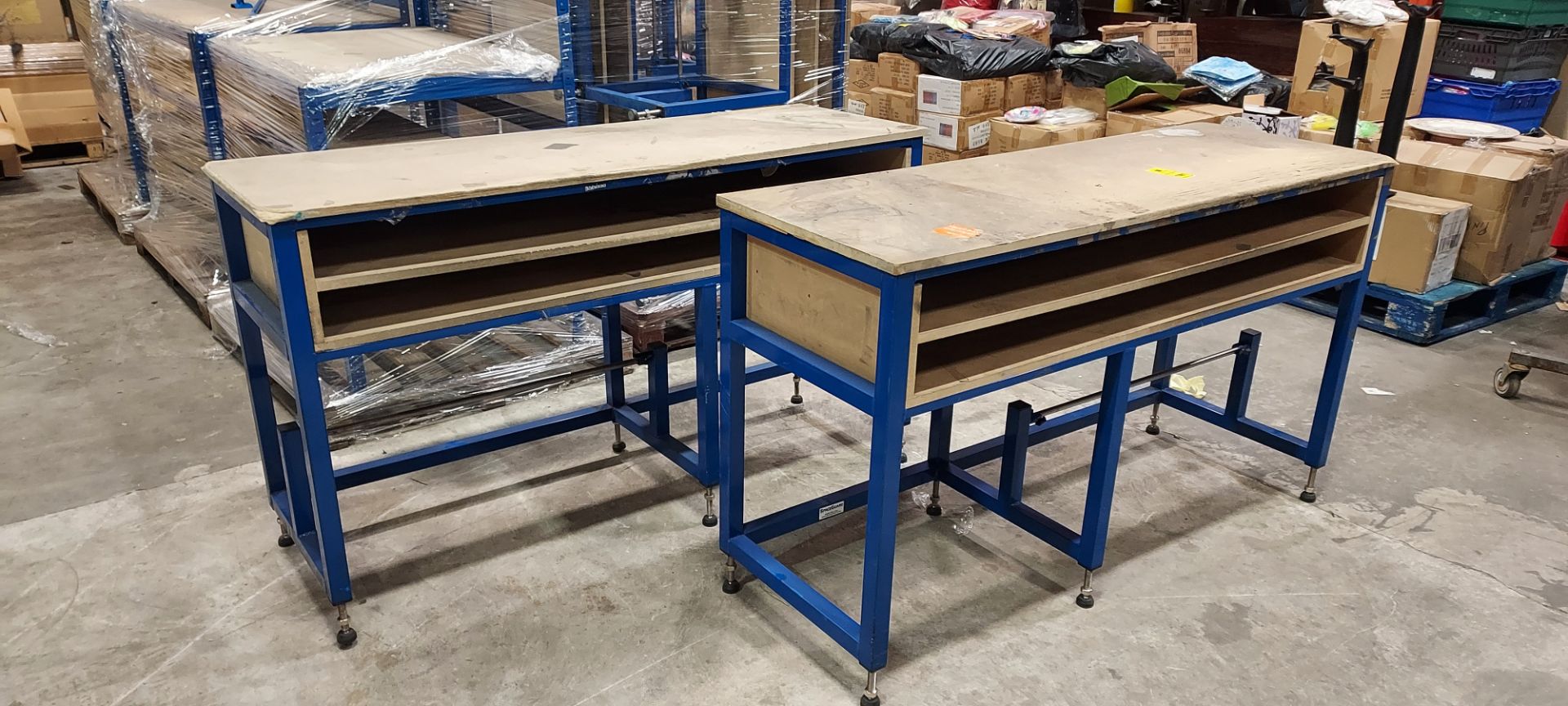 2 X HEAVY DUTY WORK BENCH WITH UNDER SHELVING -( ADJUSTABLE HEIGHTS ON LEGS ) - 55 CM WIDTH - 160 CM