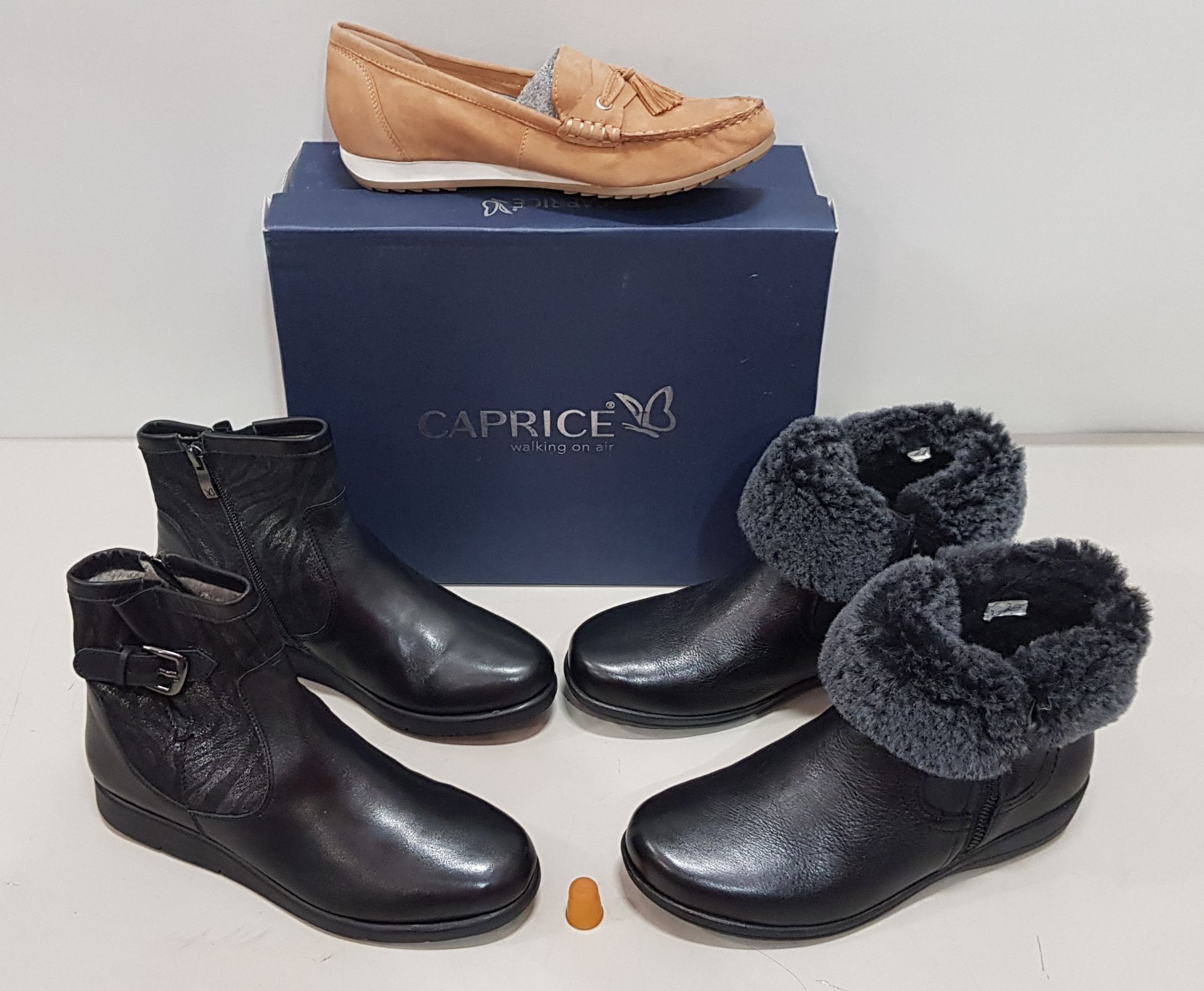 5 X BRAND NEW CAPRICE SHOE/BOOT LOT CONTAINING 2 X CAPRICE NAPPA LEATHER ANKLE BOOTS IN BLACK SIZE 4